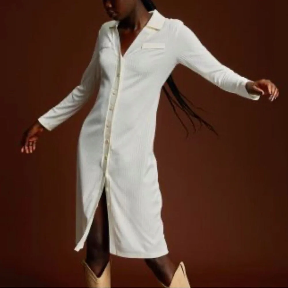 H&M Cream White Long Sleeve Ribbed Button-Up Fitted Dress S - Picture 1 of 5
